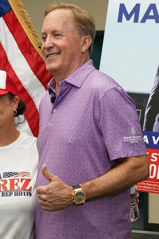 Texas attorney general Ken Paxton, a Republican, campaigning for Senate in San Antonio on Saturday, Aug. 29, while wearing a watch his opponent, James Talarico, said cost $41,000.Credit: Ken Paxton/Facebook