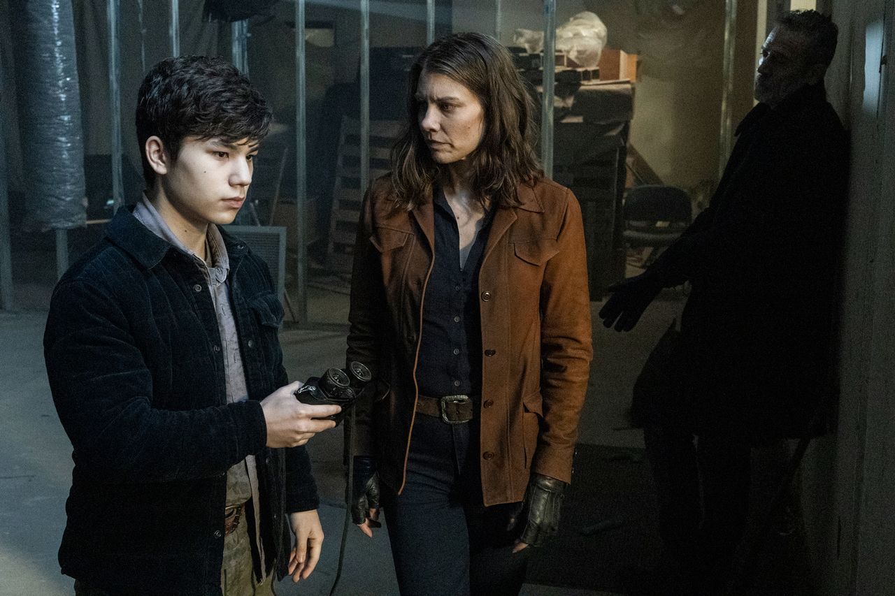 Negan (Jeffrey Dean Morgan, far right) has occupied Maggie’s (Lauren Cohan) mind for years, affecting her relationship with her son, Hershel (Logan Kim)Credit: Robert Clark/AMC