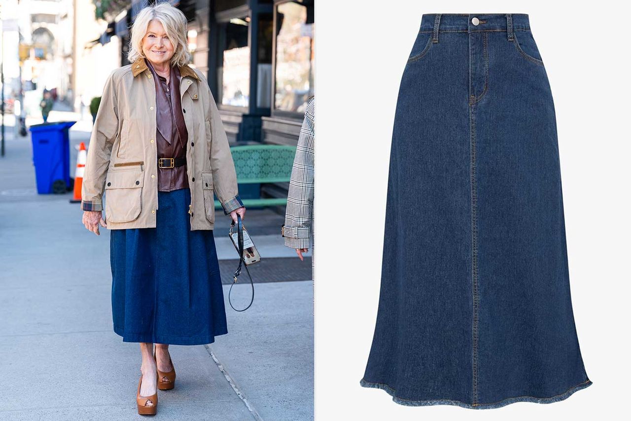 Martha Stewart; Belle Poque Vintage Denim Skirts for Women Elastic High Waist Frayed Raw Hem A-Line Maxi Long Jean Skirts with Pockets Credit: TheStewartofNY/GC Images; Amazon