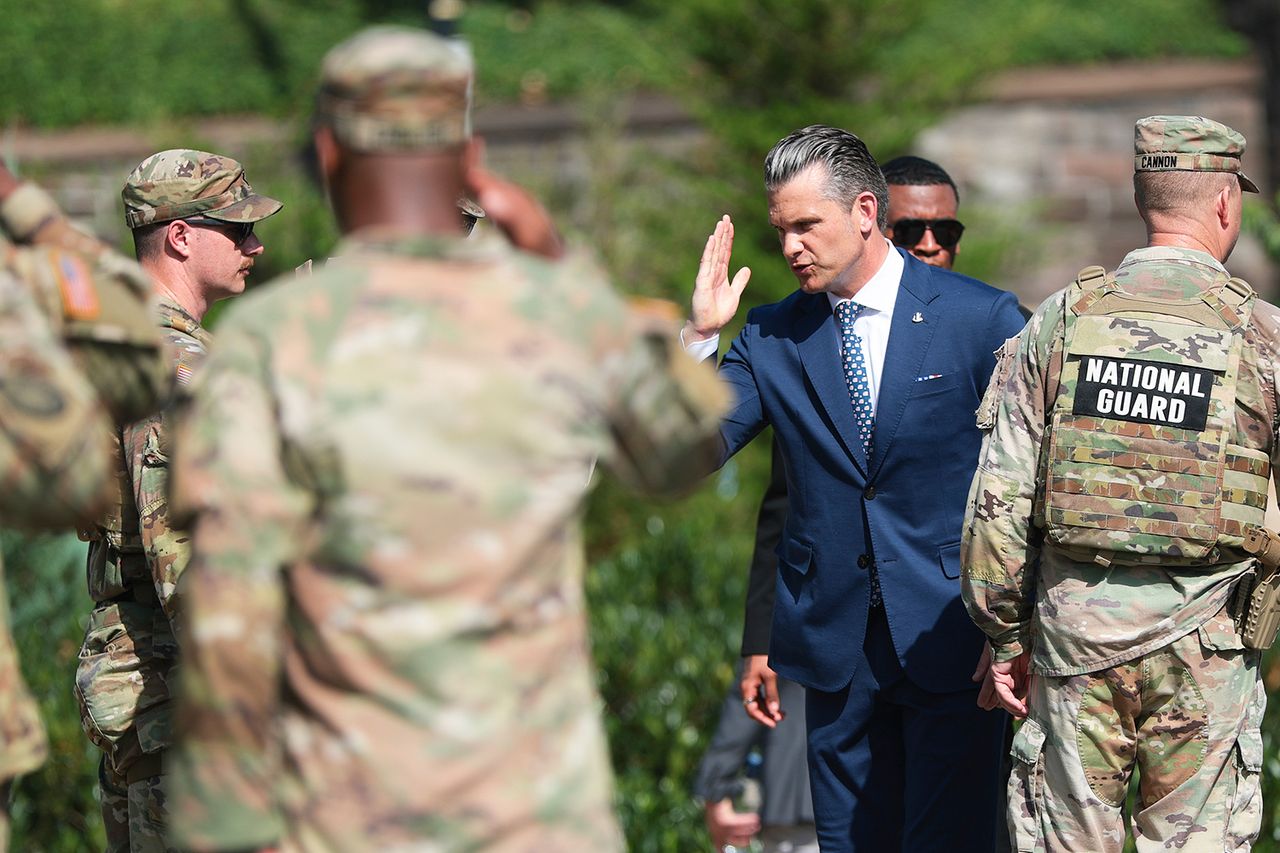 U.S. Secretary of Defense Pete Hegseth greets members of the U.S. National Guard on July 2, 2026, in Washington, D.C.Credit: Anna Moneymaker/Getty