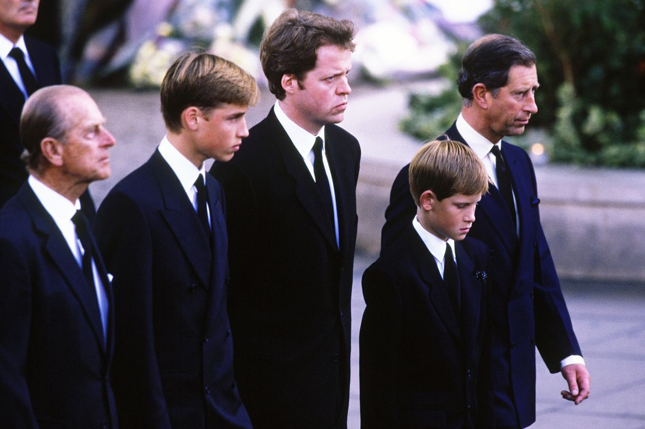 Prince Philip, Prince William, Charles Spencer, Prince Harry and Prince Charts walk in the procession behind Princess Diana’s funeral cortege on Sept. 6, 1997Credit: David Levenson/Getty