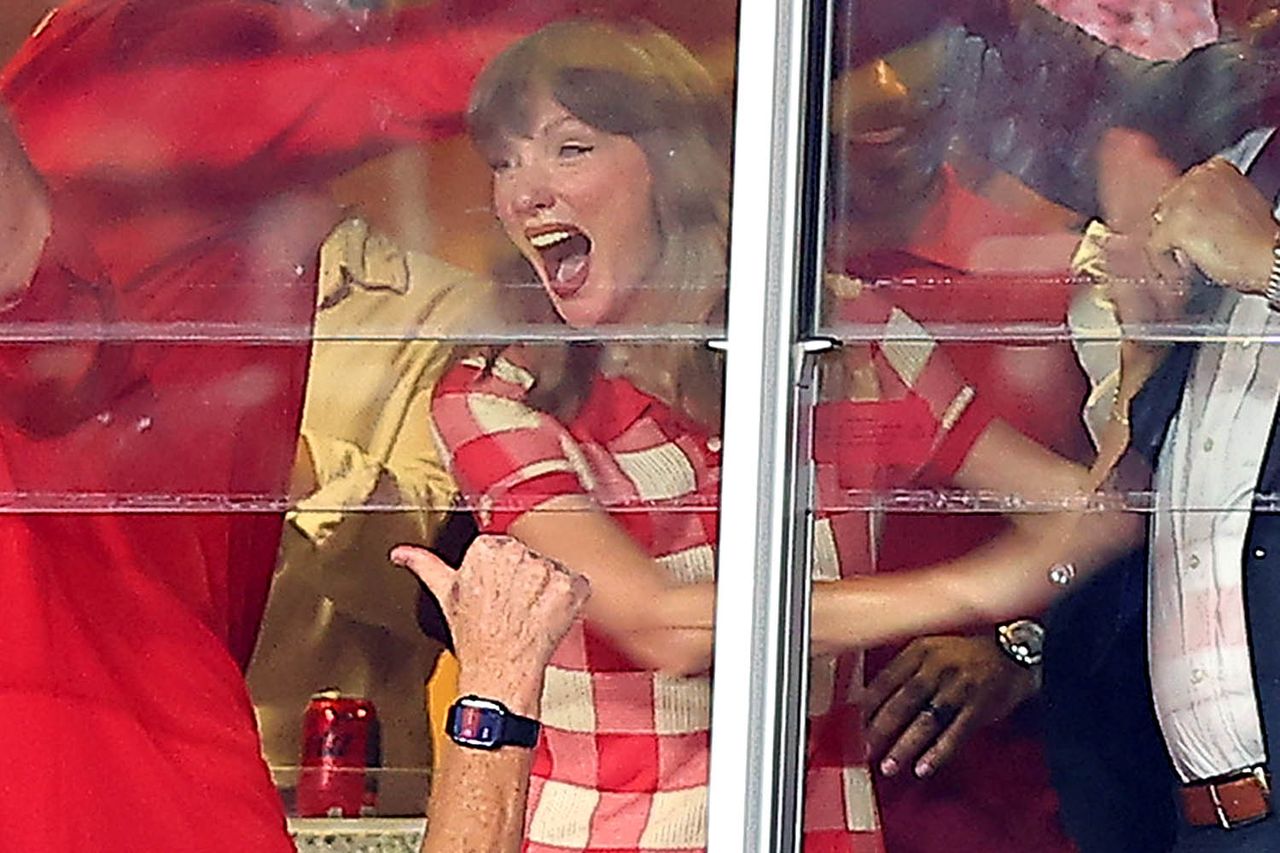 Taylor Swift celebrates after Travis Kelce #87 of the Kansas City Chiefs 59-yard reception against the Denver Broncos during the third quarter in the game at Arrowhead Stadium on Sept. 14, 2026.Credit: David Eulitt/Getty