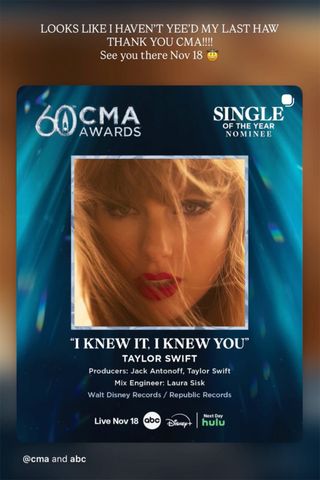 Taylor Swift on CMA Awards attendanceCredit: Taylor Swift/Instagram