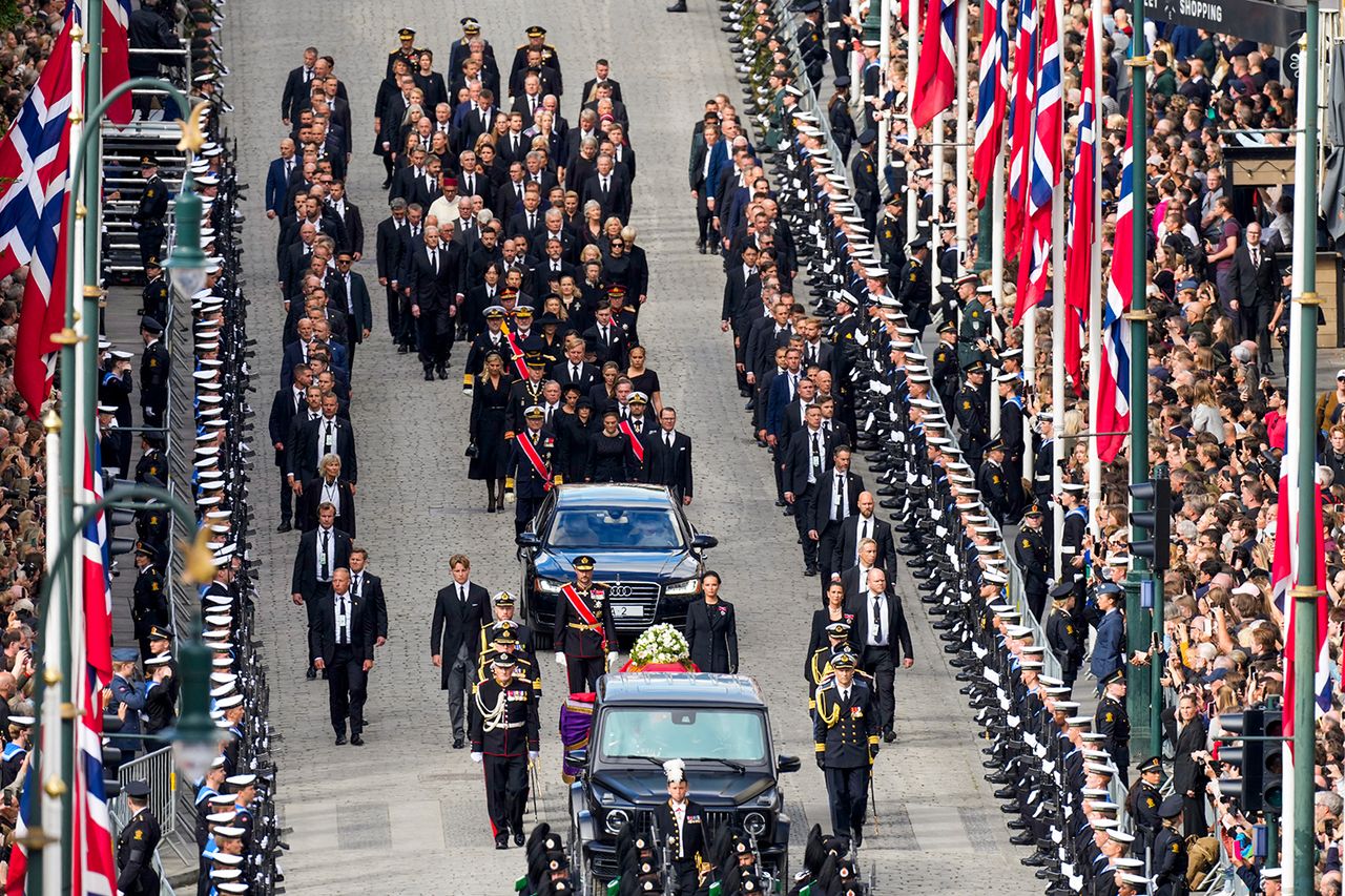 The coffin of King Harald V of Norway is carried during a royal procession from the Royal Palace Chapel to the Cathedral in Oslo on Sept. 9, 2026.Credit: Cornelius Poppe / NTB / AFP via Getty