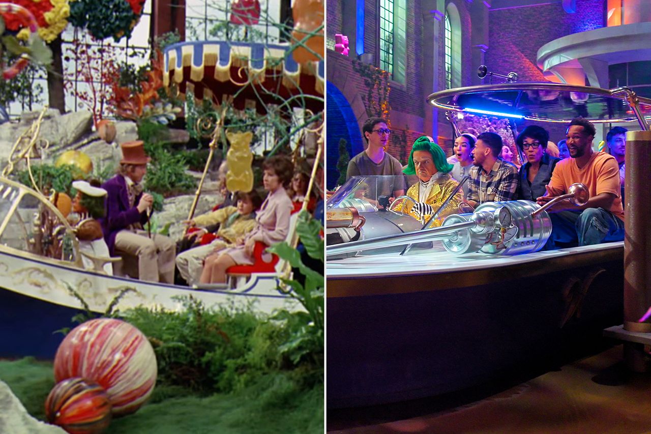 Wonka’s boat in ‘Willy Wonka and the Chocolate Factory’; the Wonkatania in ‘Wonka’s the Golden Ticket’Credit: Warner Bros; Courtesy of Netflix