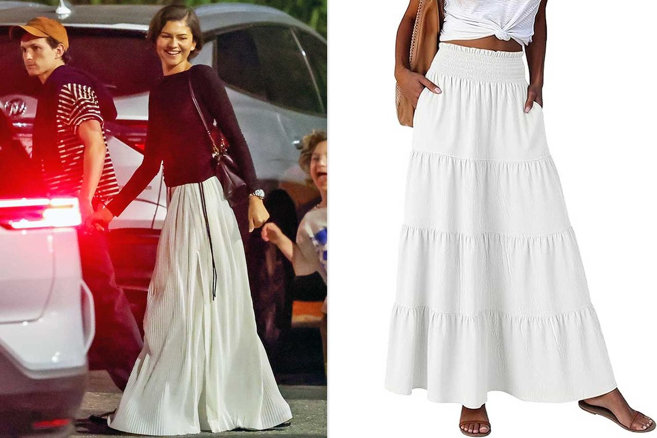 Zendaya; Womens Maxi Skirts, Elastic High Waist A-Line Tiered, Long Flowy Boho Skirts, Summer Casual Beach & Vacation Wear Credit: The Daily Stardust / BACKGRID; Amazon