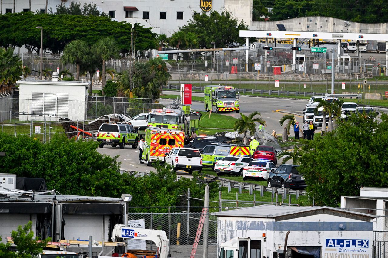 Officials investigate the scene where a Prime Air cargo plane overran the runway and crashed into other vehicles at Miami International Airport at Miami International Airport in Miami on Sept. 6, 2026Credit: CHANDAN KHANNA / AFP via Getty