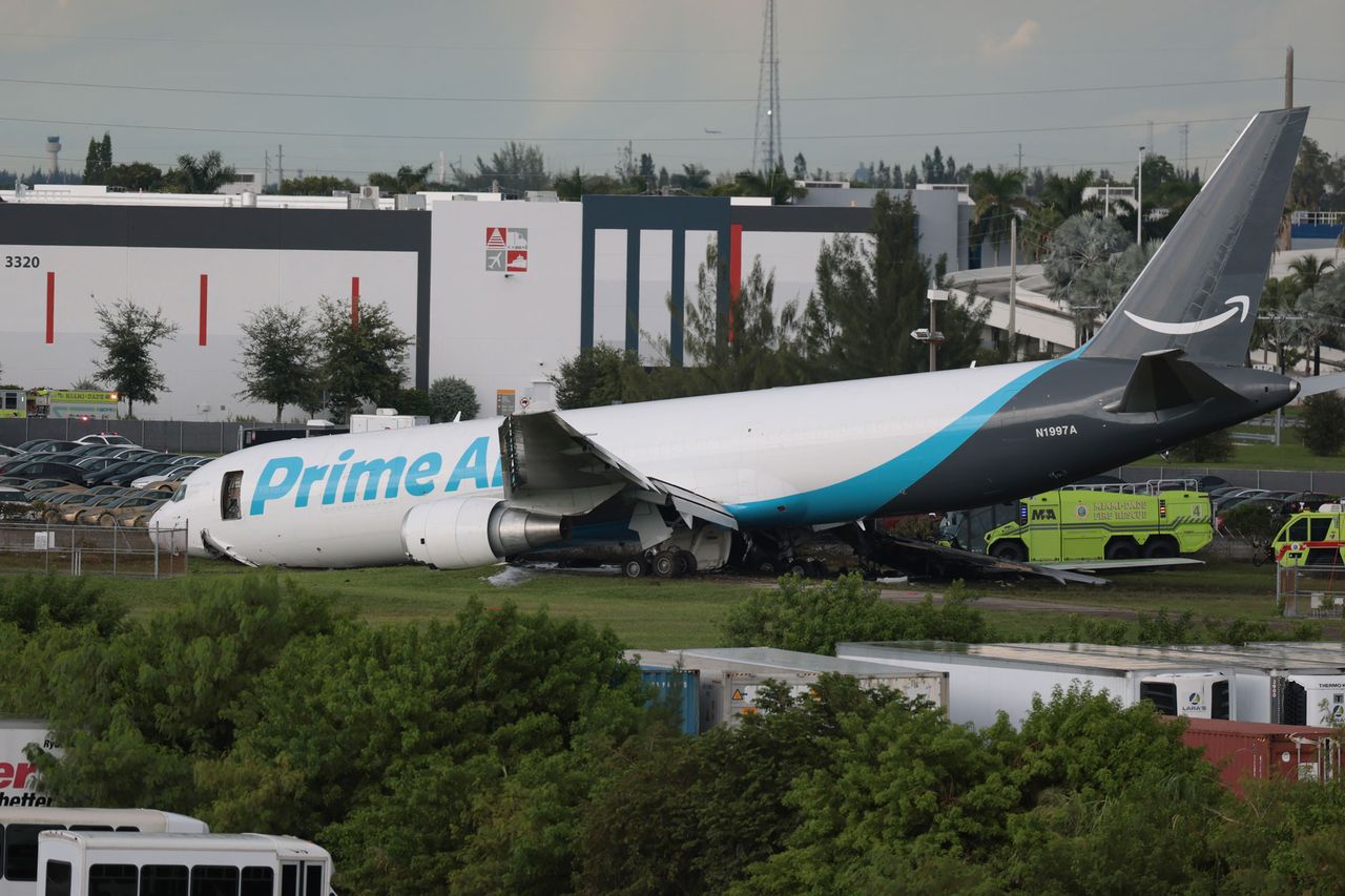 An Amazon cargo plane is seen after it crashed at Miami International Airport on Sept. 06, 2026 in MiamiCredit: Joe Raedle/Getty