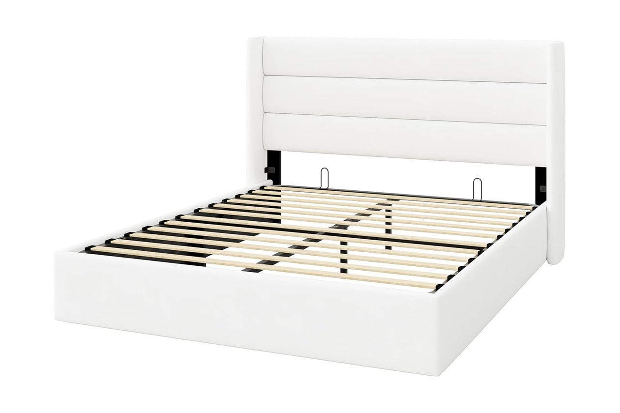 Allewie Queen Size Lift Up Hydraulic Storage Bed Frame White Credit: Amazon