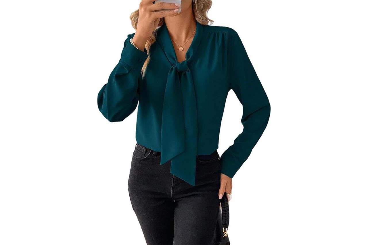 AStylish Bow Tie Neck Blouse Long Sleeve Work Tops Credit: Amazon