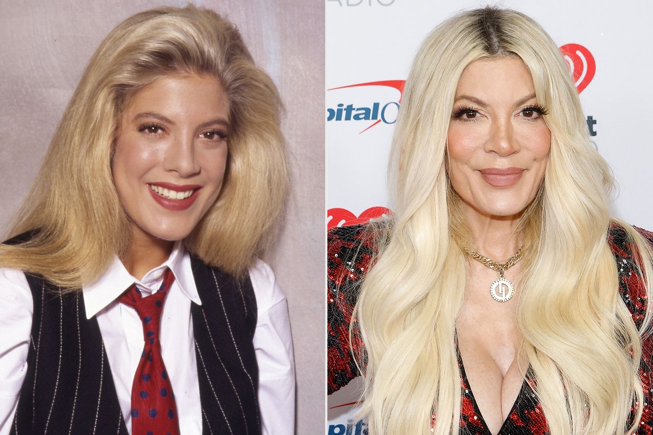 From left: Tori Spelling poses for a portrait in L.A. in 1992; Tori Spelling attends the KIIS FM iHeartRadio Jingle Ball in Inglewood, Calif., on Dec. 01, 2023Credit: Harry Langdon/Getty ; Taylor Hill/WireImage