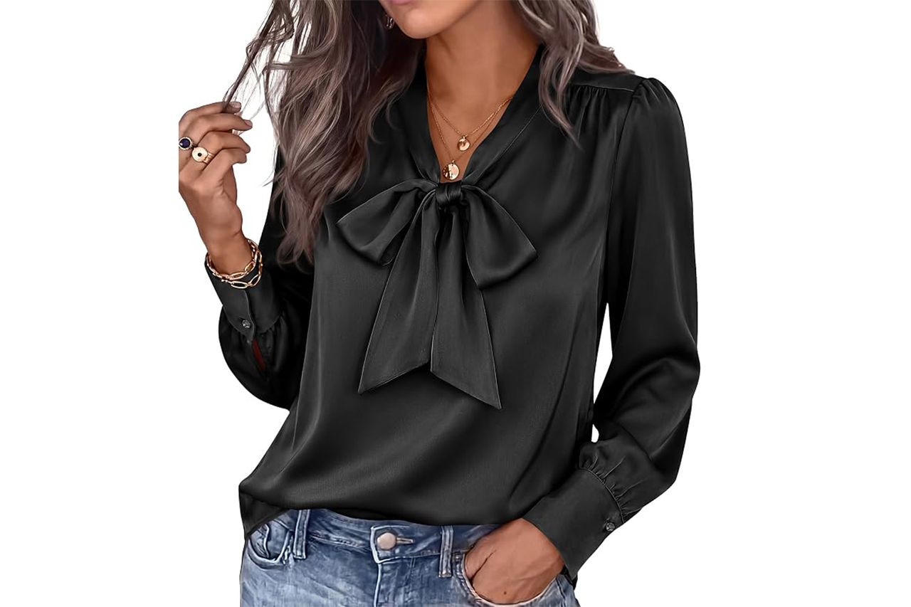 BTFBM Satin Blouses Bow Tie Work Business Casual Tops Credit: Amazon