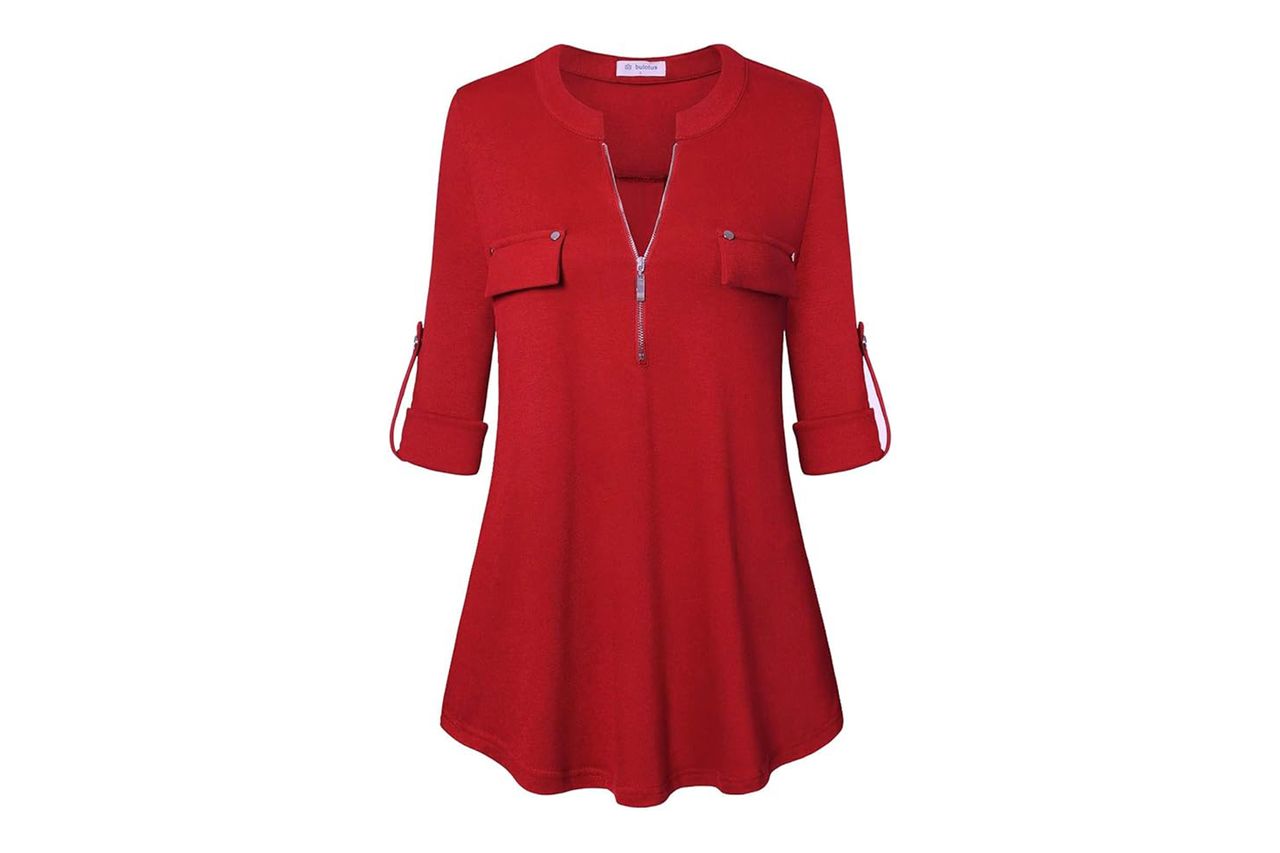 Bulotus Zip Front V-Neck 3/4 Length Sleeve Tops Business Casual Shirts Credit: Amazon
