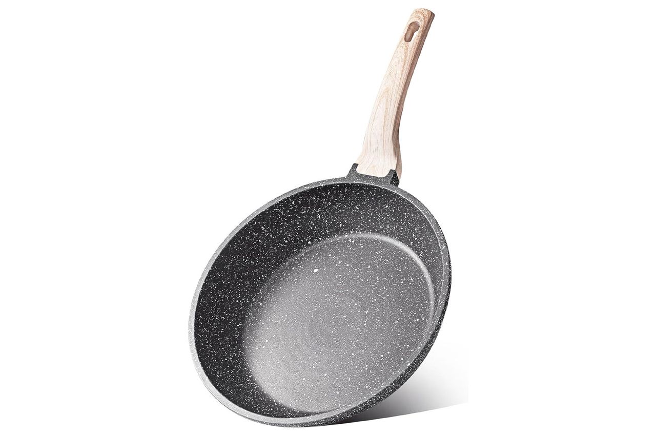 CAROTE Nonstick Frying Pan Skillet,Non Stick Granite Fry Pan Egg Pan Omelet Pans, Stone Cookware Chef's Pan, PFOA Free,Induction Compatible(Classic Granite, 8-Inch) Credit: Amazon