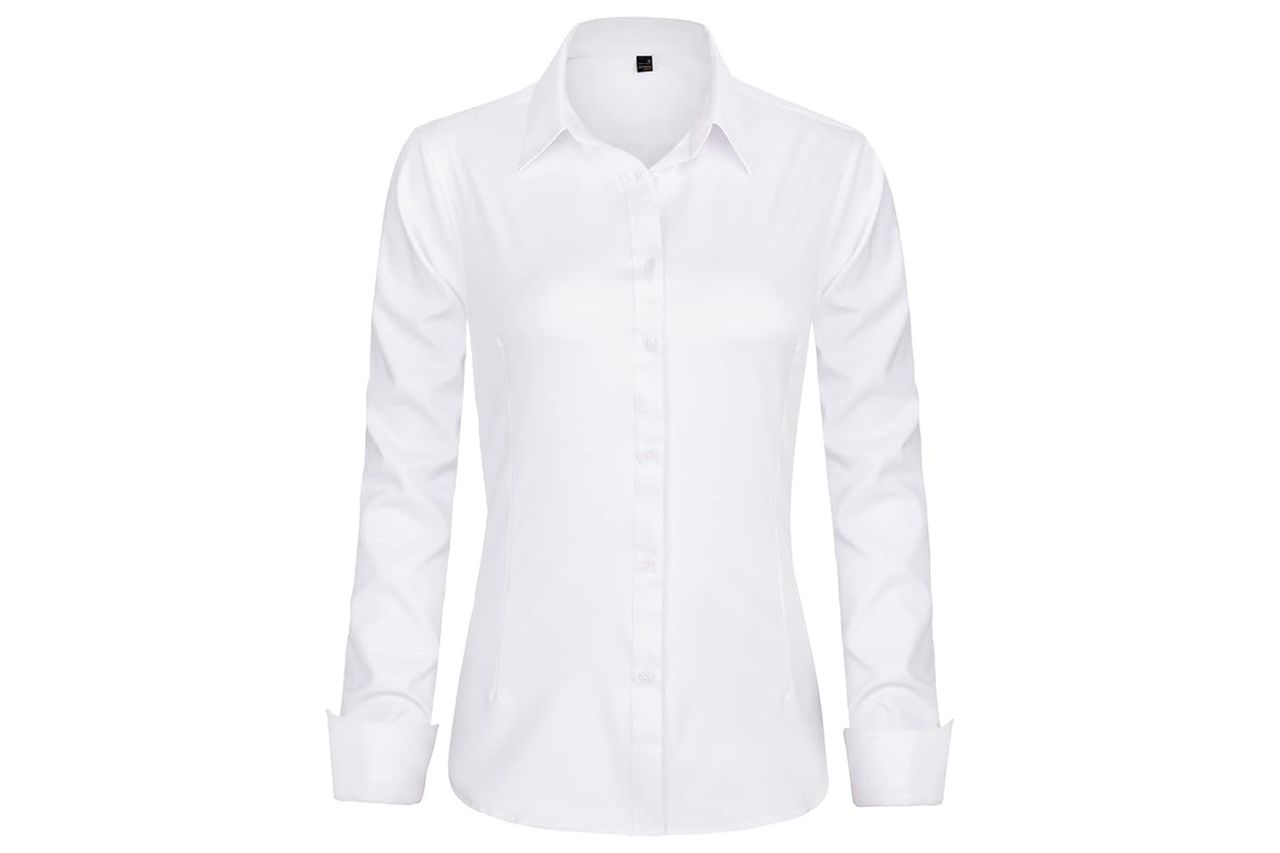 J.VER Womens Dress Shirts Long Sleeve Button Down Shirts Wrinkle-Free Solid Work Blouse Credit: Amazon