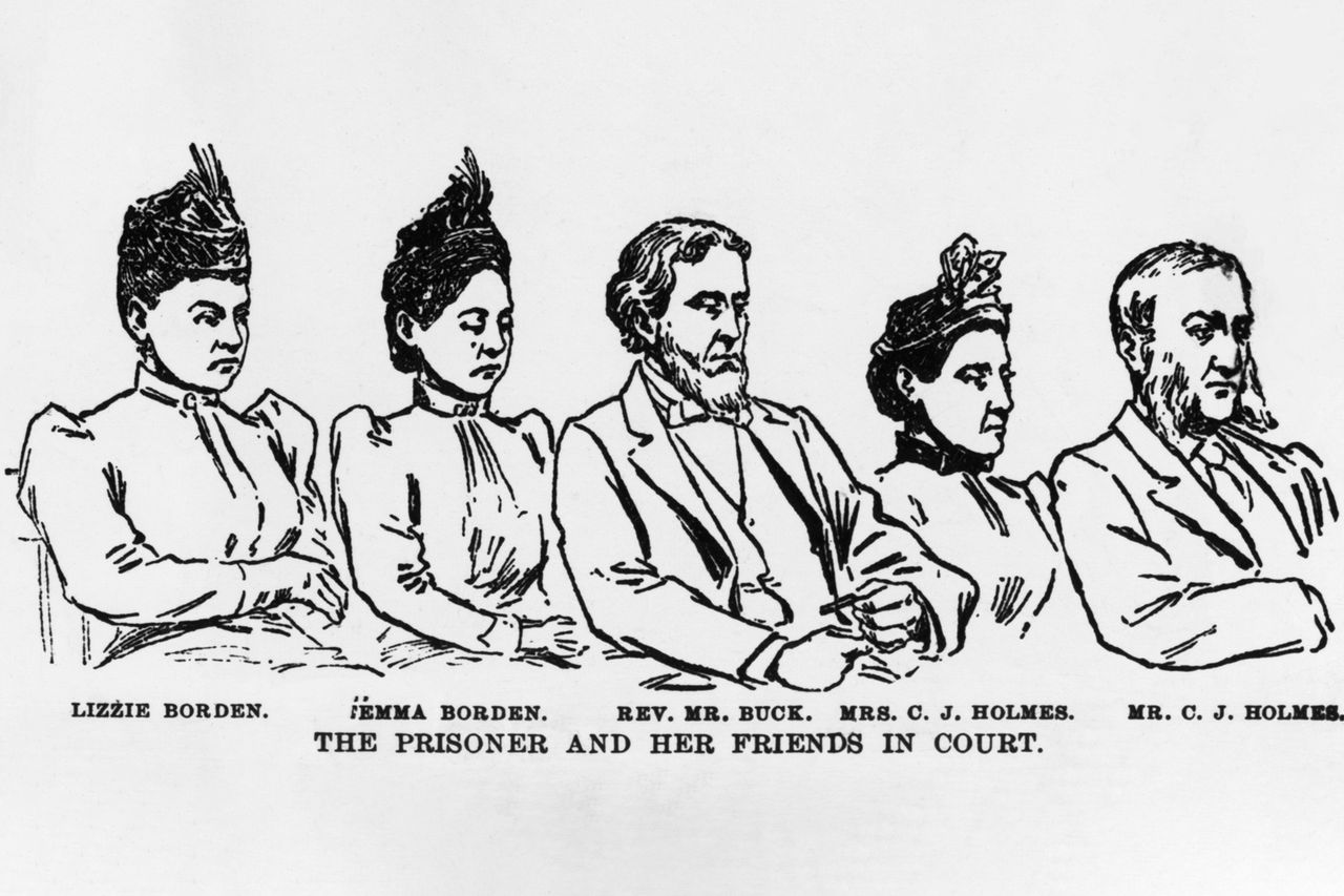 Lizzie Borden and her friends in court. Lizzie Borden, Emma Borden and others in court.Credit: Bettmann Archive/Getty