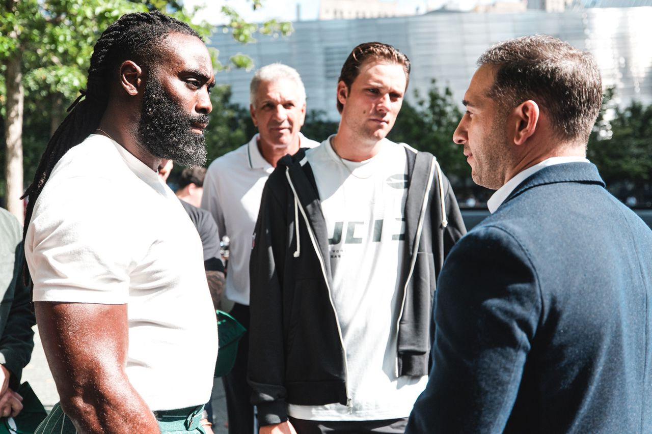 New York Jets linebacker Demario Davis and punter Austin McNamara meet with a family member of an FDNY first responder who was killed on Sept. 11, 2001, during the team’s visit to the 9/11 Memorial & Museum in New York City on Sept. 9, 2026.pt. 9, 2026. New York Jets linebacker Demario Davis and punter Austin McNamara meet with a family member of an FDNY first responder who was killed on Sept. 11, 2001, during the team’s visit to the 9/11 Memorial & Museum in New York City on Sept. 9Credit: Dylan Goodman/New York Jets Photo