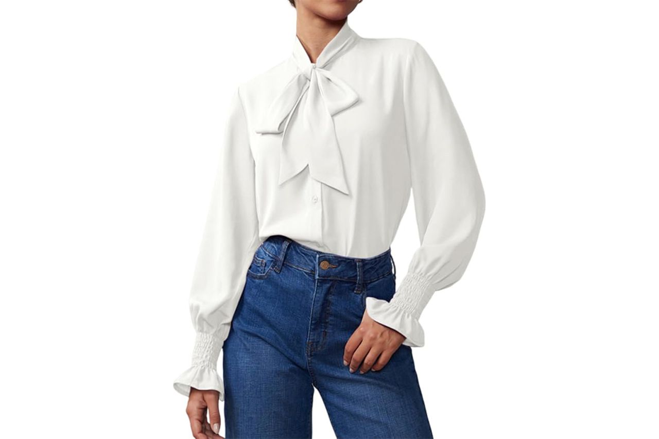 Neweek Bow Tie Neck Blouse Business Casual Dressy Long Sleeve Shirt Credit: Amazon
