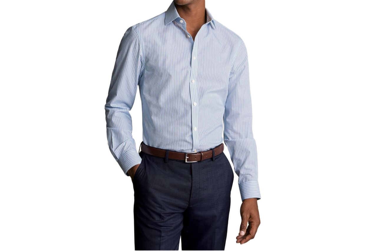 Non-Iron Stretch Poplin Stripe Shirt - Mid Blue Credit: Charlestyrwhitt