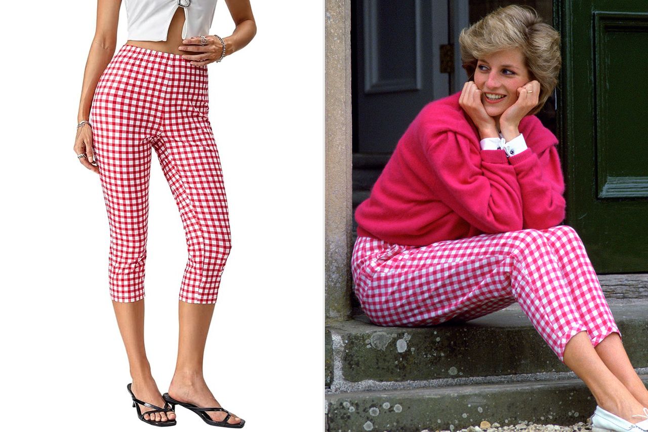 Diana Princess of Wales wearing a pink top and checkered capri pants in a relaxed pose Credit: Amazon; Tim Graham Photo Library via Getty Images