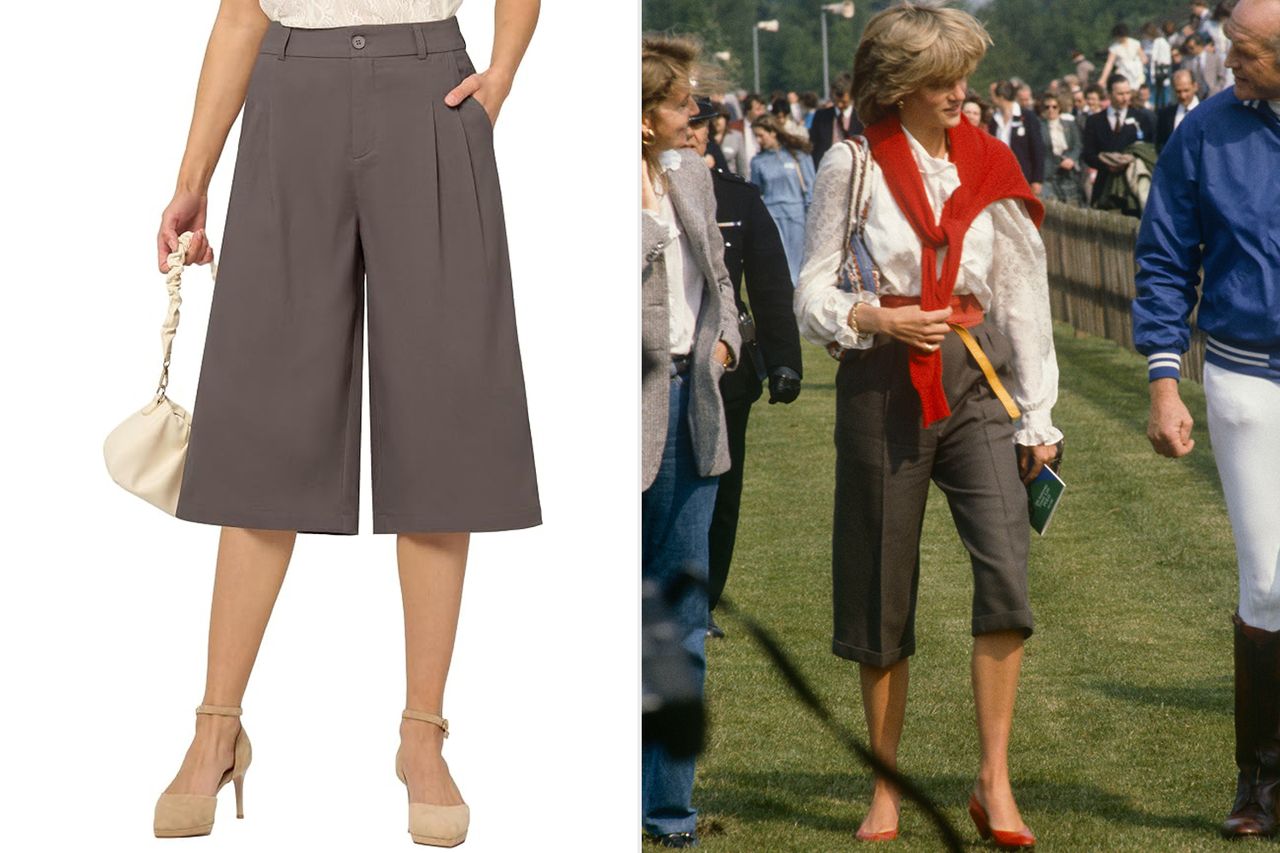 Comparison of grey capri pants displayed standalone and worn in an outdoor setting by a person walking in a group Credit: Amazon; David Levenson / Getty Images