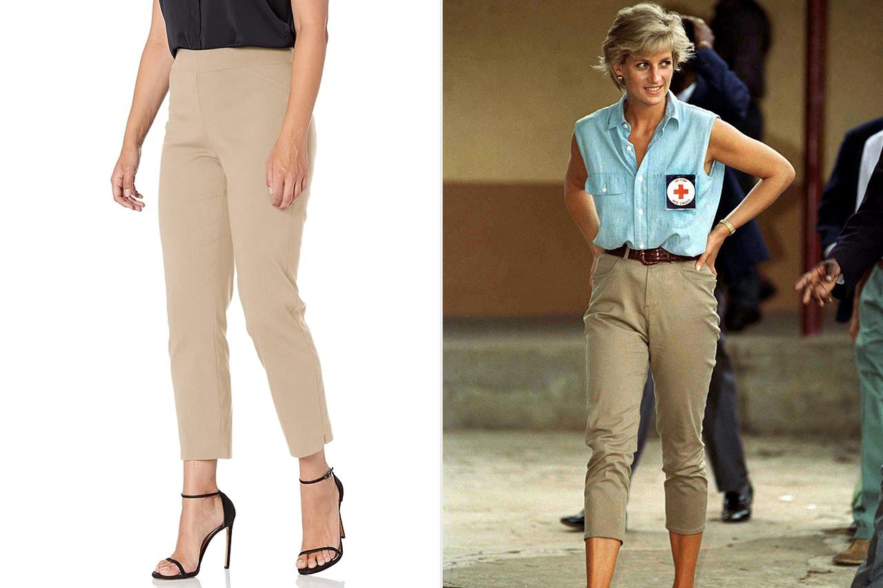 Sidebyside image comparison of capri pants with Diana Princess of Wales wearing a similar style during a public event Credit: Amazon; Tim Graham Photo Library via Getty Images