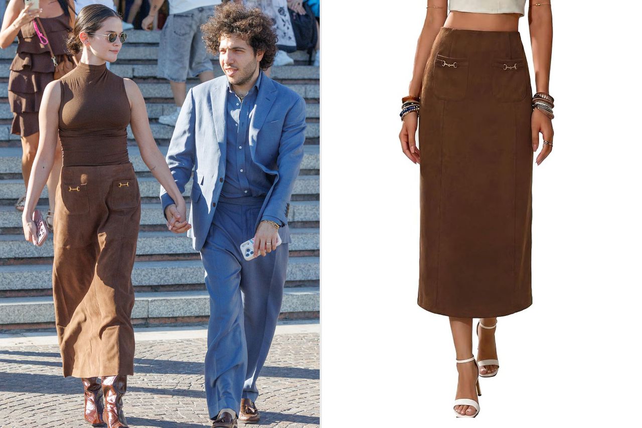 Benny Blanco walking with another person by steps on the left a brown skirt displayed on the right Credit: Stefano Mazzola/Getty Images; Amazon