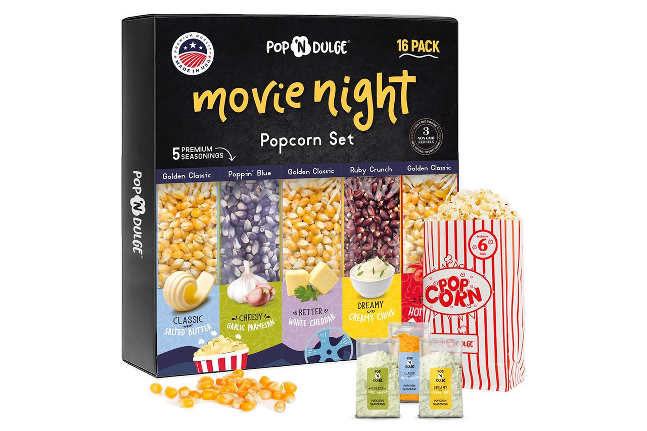 Pop n' Dulge Popcorn Movie Night Supplies 16 pcs Gift Set Credit: Amazon