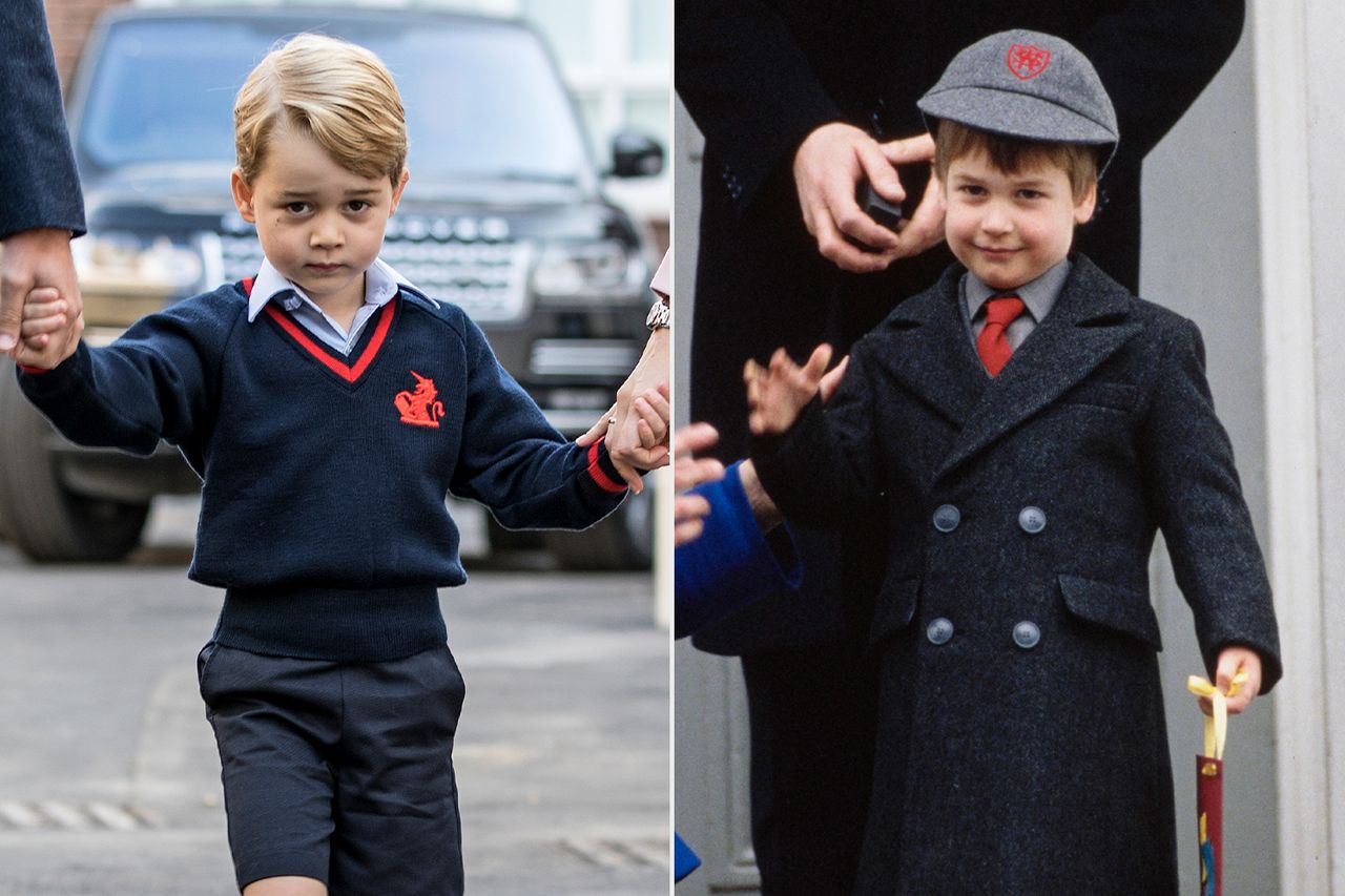 Prince George arrives for his first day of school at Thomas’s Battersea in 2017; Prince William on his first day at Wetherby School in 1987.Credit: Richard Pohle - WPA Pool/Getty; Tim Graham Photo Library via Getty