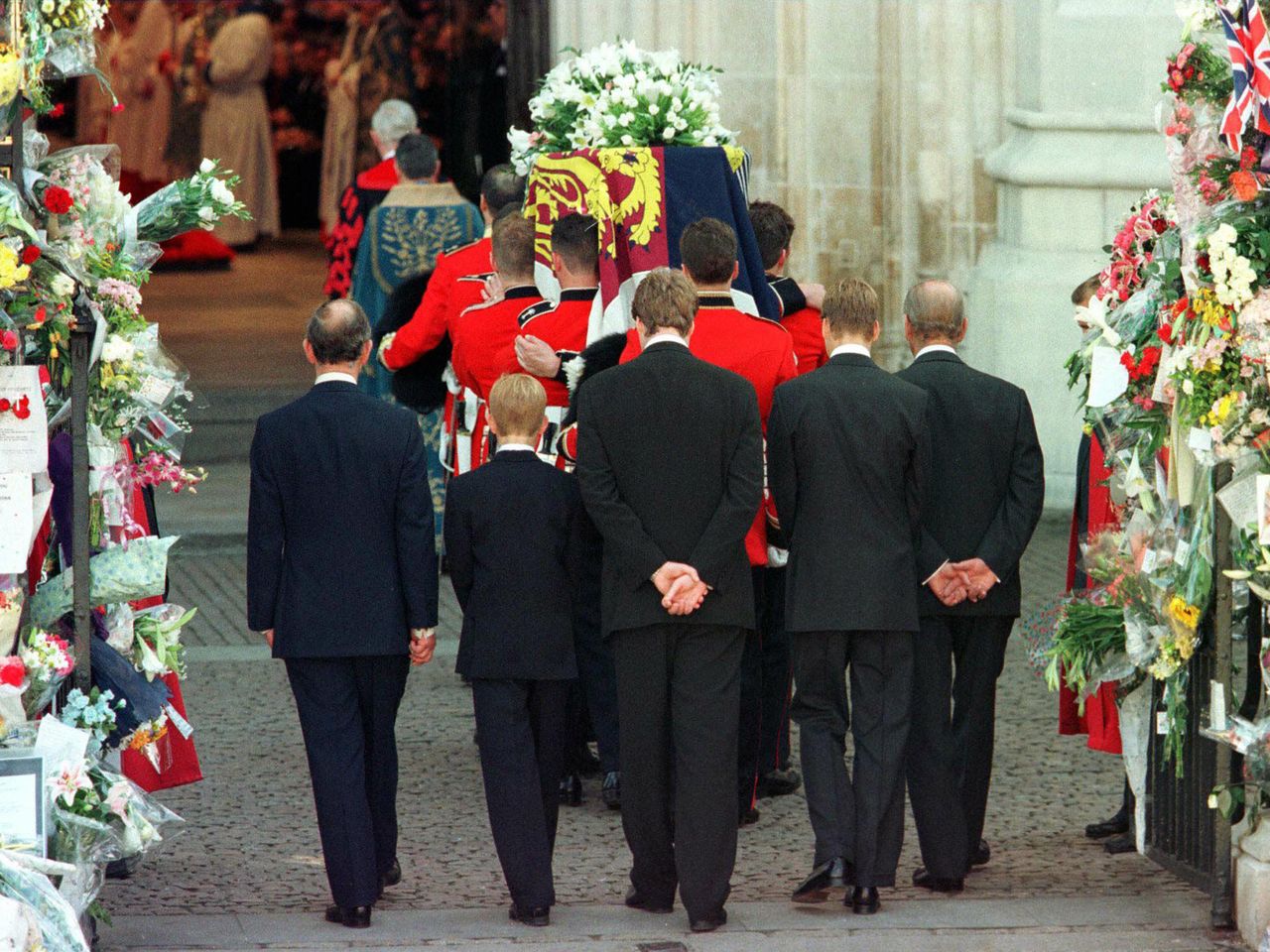 Prince Charles, Prince Harry, Earl Spencer, Prince William and the Duke of Edinburgh follow the coffin of Diana, Princess of Wales, as it is being carried into Westminster Abbey for her funeral service on Sept. 6, 1997Credit: JEFF J MITCHELL/AFP/Getty