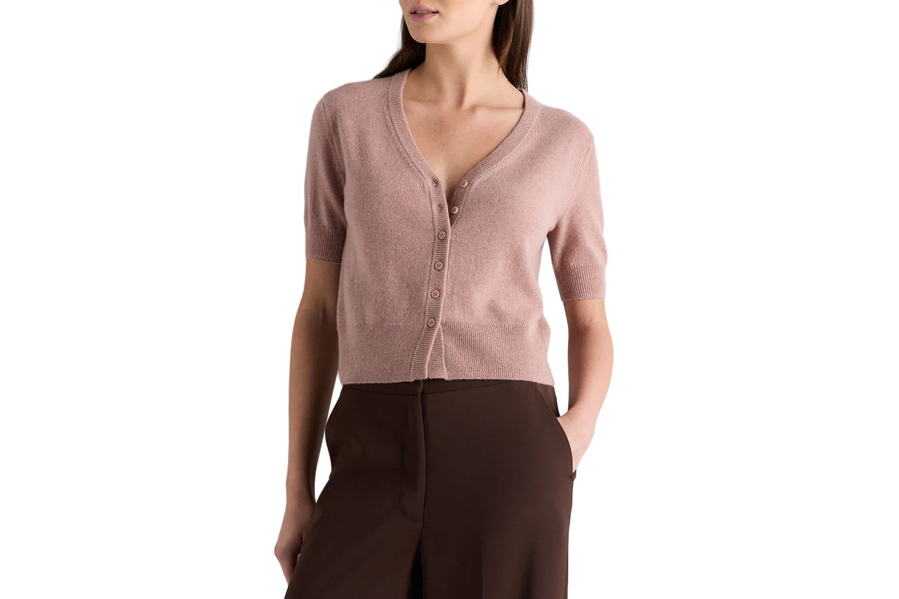 Mongolian Cashmere Short Sleeve Cardigan Heather Vintage Pink Credit: Quince