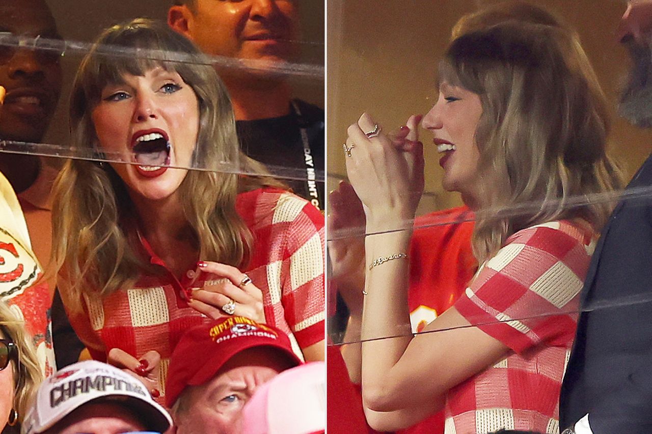 Taylor Swift wearing her wedding and engagement rings for her first Chiefs game since marrying tight end Travis KelceCredit: Aaron M. Sprecher via AP; Jamie Squire/Getty