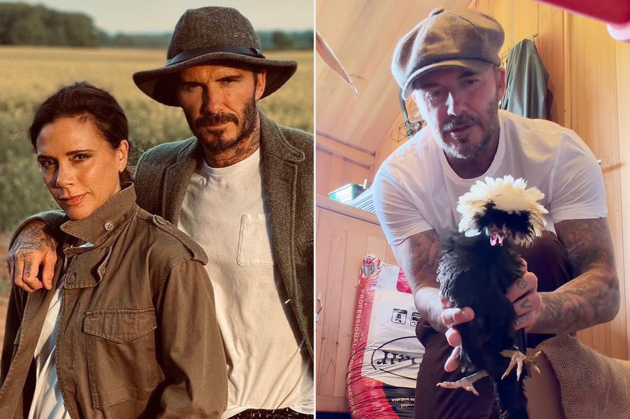 Victoria and David Beckham in July 2021; David Beckham takes care of his chicken in June 2026.Credit: David Beckham/Instagram (2)